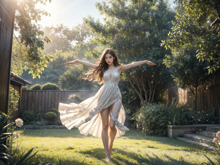 girl stretching arms skyward catching morning spring sun, barefoot, white dress, spring garden backdrop, lens flare, combination...