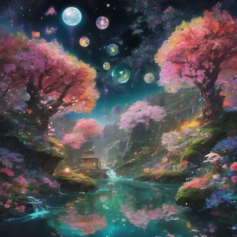 Spring Morning, aesthetic, "a whimsical spring morning world adventure into the center of a magical spring flower galaxy made of stars on a starry sky, skyrim! spring flower blooming" double exposure collage art illustration, sparkly glowing waterfalls, fl...