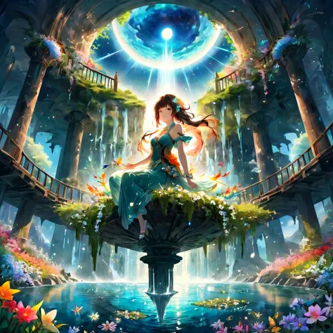 Spring Morning, aesthetic, "a whimsical spring morning world adventure into the center of a magical spring flower galaxy made of stars on a starry sky, skyrim! spring flower blooming" double exposure collage art illustration, sparkly glowing waterfalls, fl...