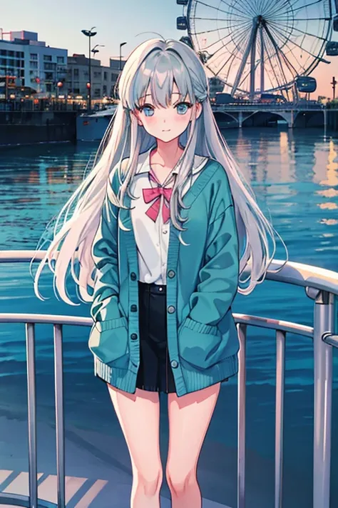 long hair, grey hair, aqua eyes, cardigan, standing, Blushing, Fair skin, outdoors, ferris wheel, looking at viewer, 1990s (style), --niji 5  --ar 2:3 --s 100
