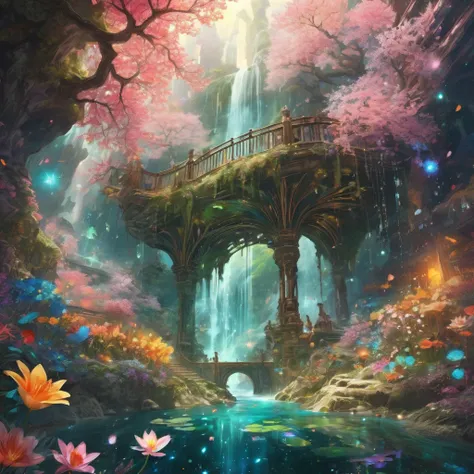 Spring Morning, aesthetic, "a whimsical spring morning world adventure into the center of a magical spring flower galaxy made of stars on a starry sky, skyrim! spring flower blooming" double exposure collage art illustration, sparkly glowing waterfalls, fl...