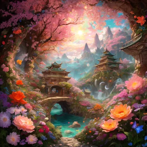 Spring Morning, aesthetic, "a whimsical spring morning world adventure into the center of a magical spring flower galaxy made of stars on a starry sky, skyrim! spring flower blooming" double exposure collage art illustration, sparkly glowing waterfalls, fl...