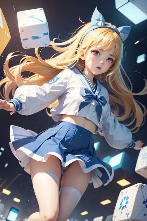 a girl flying through the air surrounded by cubes, trending on pixiv, railgun, blue! and white colors, trending at cgstation, japanese comic book, yellow hairband, , serafuku, long sleeves, pleated skirt,