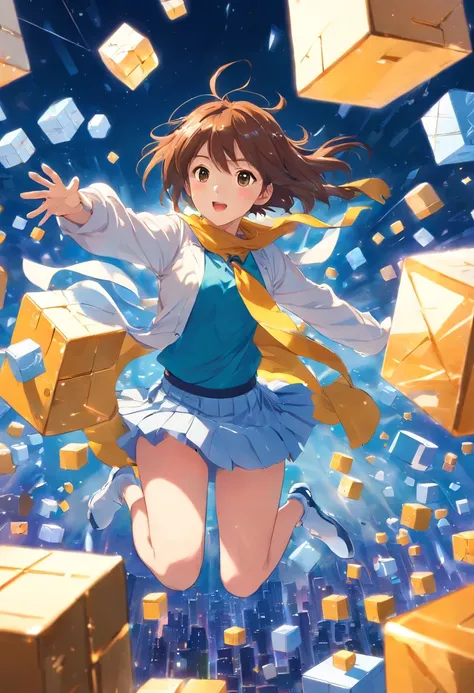 a girl flying through the air surrounded by cubes, trending on pixiv, railgun, blue! and white colors, trending at cgstation, japanese comic book, yellow hairband, , serafuku, long sleeves, pleated skirt,
