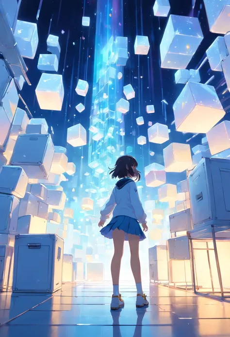 a girl in a room filled with lots of white cubes, a digital rendering, by Jon Coffelt, tumblr, cubo-futurism, iridescent fractal, cyber mushroom city, floating crystals, infinite quantum waves, yellow hairband, , serafuku, long sleeves, pleated skirt,
