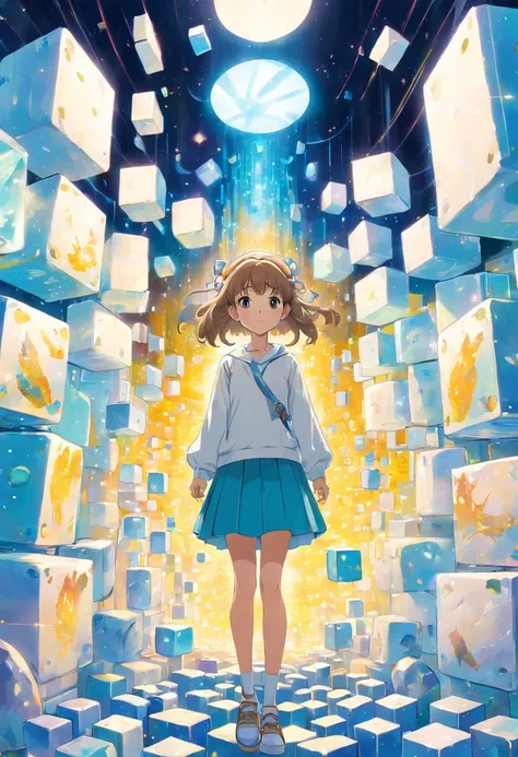 a girl in a room filled with lots of white cubes, a digital rendering, by Jon Coffelt, tumblr, cubo-futurism, iridescent fractal, cyber mushroom city, floating crystals, infinite quantum waves, yellow hairband, , serafuku, long sleeves, pleated skirt,
