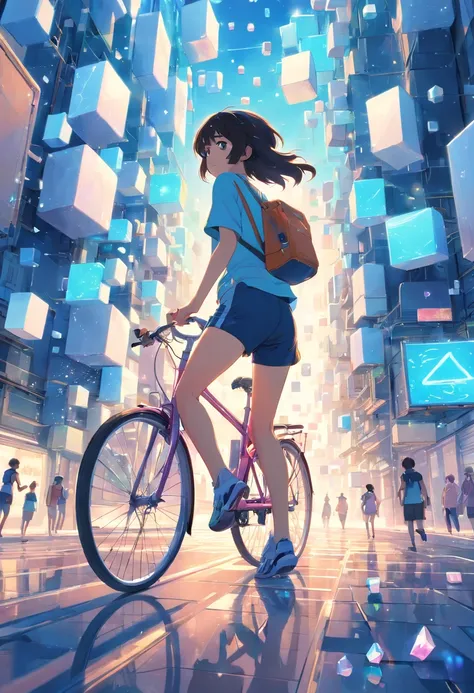 a girl rides a bicycle, in running shorts, short shorts, a room filled with lots of white cubes, a digital rendering, by Jon Coffelt, tumblr, cubo-futurism, iridescent fractal, cyber mushroom city, floating crystals, infinite quantum waves,
