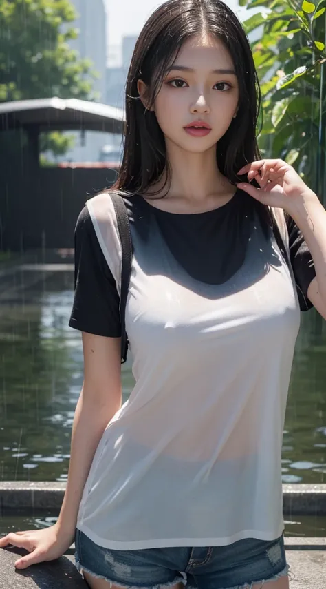 (best quality, 4K, masterpiece :1.3), pretty Woman, 1 girl, Sexy :1.1, Dark brown hair: 1.1, (wet from rain, get wet by rain, wet :1.2), white vest, Super detailed face, delicate lips, delicate eyes, double eyelids