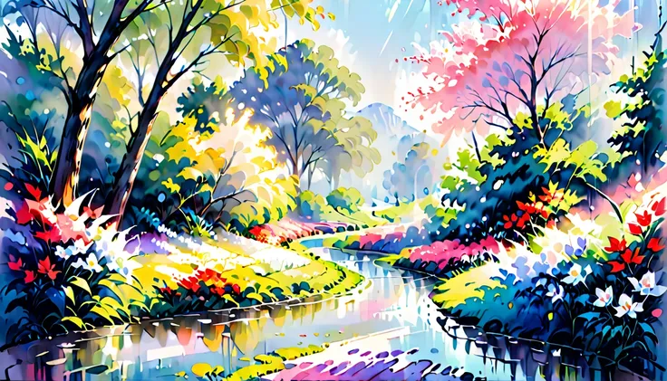 Render an Impressionistic landscape capturing the ethereal beauty of daybreak in a lush spring garden. Take inspiration from Monets famous paintings of his flower-filled grove in Giverny. The foreground should feature verdant leaves and delicate blossoms h...