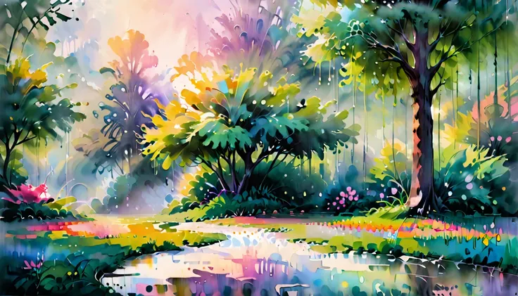 render an impressionistic landscape capturing the ethereal beauty of daybreak in a lush spring garden. take inspiration from mon...