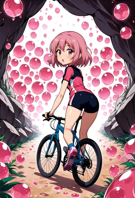 cute anime girl rides a bicycle, in running shorts, short shorts, cave covered with pink biological cells