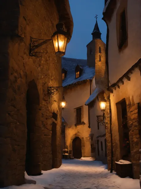 "Medieval street perspective with a bustling crowd, cobblestone pathway, quaint shops, and flickering torches casting atmospheric shadows." snowy