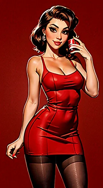 uma obra-prima, melhor qualidade, coca-cola pin up wearing a short red dress,fake eyelashes,fleshy lips,looking to observer, lit...