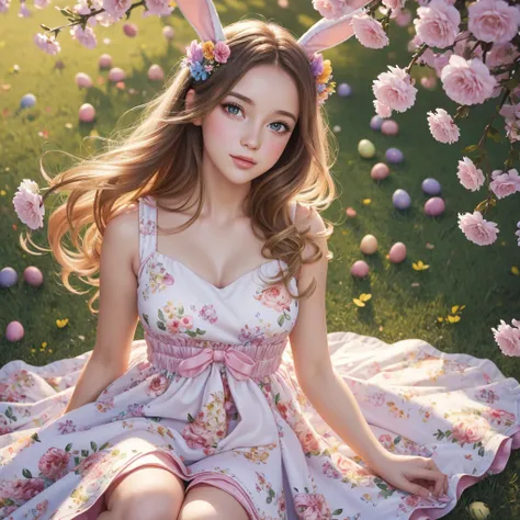 beautiful girls, Easter Bunny, oil painting, vibrant colors, soft lighting, detailed eyes and lips, flowing hair, dainty dresses, playful poses, floral background, realistic:1.2, highres, bokeh