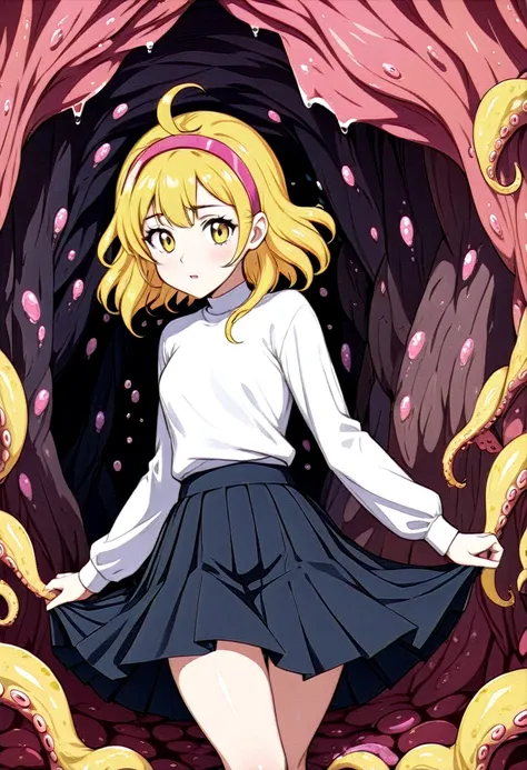 a girl, yellow hairband, , serafuku, long sleeves, pleated skirt, cave covered with pink biological cells, tentacles entangled