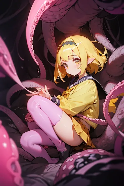 a girl, yellow hairband, , serafuku, long sleeves, pleated skirt, Cave covered with pink biological cells, Tentacles entangled
