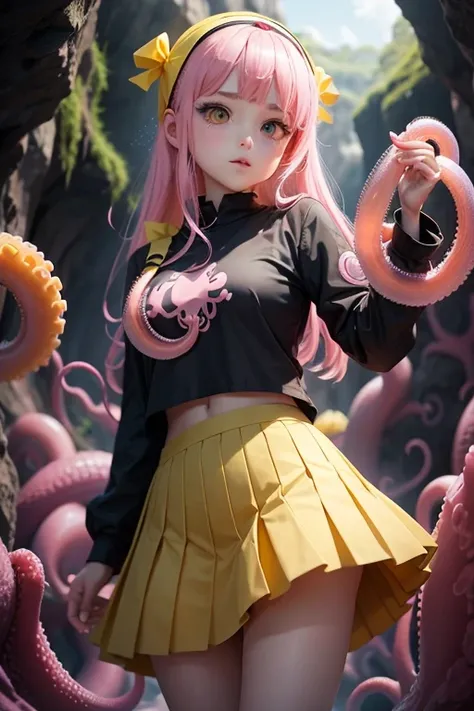 a girl, yellow hairband, , serafuku, long sleeves, pleated skirt, Cave covered with pink biological cells, Tentacles entangled
