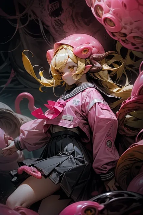 a girl, yellow hairband, , serafuku, long sleeves, pleated skirt, Cave covered with pink biological cells, Tentacles entangled
