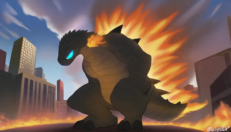 masterpiece, best quality, very aesthetic, cloudy daylight,
GodzillaXP, monster, godzilla,  full body shot from side, looking at the viewer, blue eyes, yellow spines, 
in city center, fire, explosion,