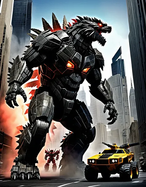 magazine spread featuring a promotional poster for "godzilla vs transformers " colossal creatures clashing amid skyscrapers, int...