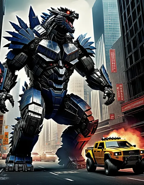 magazine spread featuring a promotional poster for "godzilla vs transformers " colossal creatures clashing amid skyscrapers, int...