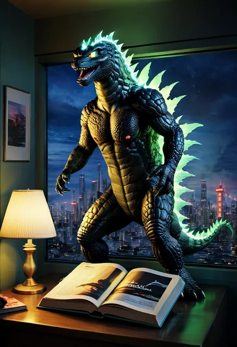 close-up, ((creates a book with the cover of godzilla:1.5,text, (godzilla:1.5))), pay attention to the book, which is on a night...