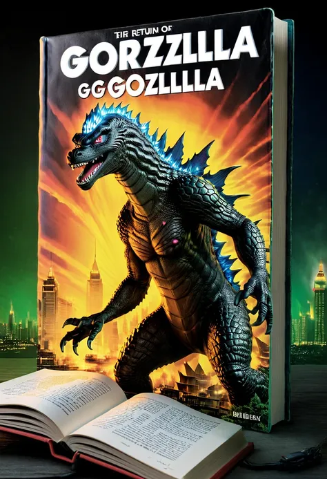 close-up, (((cover of a book with the image of godzilla:1.5), and a text that says, (the return of godzilla:1.5))), pay attentio...