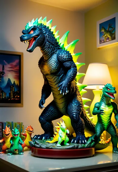 close-up, (((several children's figurines with the image of godzilla:1.5), ((pay attention to the figurines, which are in a chil...