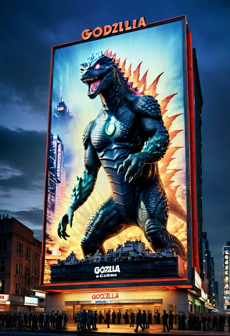 close-up,(((cinema billboard with the image of godzilla with lights of:1.5), ((people queuing to enter the cinema:1.4)), masterp...