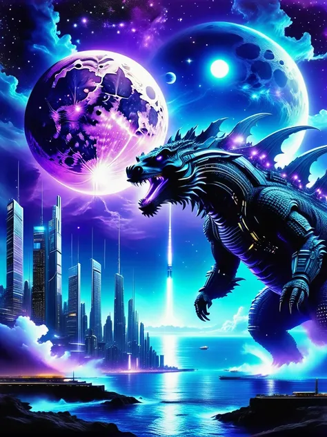 Godzilla , ocean，The backdrop is a futuristic city, science fiction style, blue and violet, bright, Sky background at night，There are many stars and a moon that splits in two. Super real photos