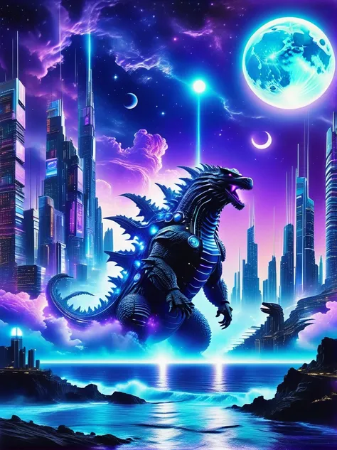 Godzilla , ocean，The backdrop is a futuristic city, science fiction style, blue and violet, bright, Sky background at night，There are many stars and a moon that splits in two. Super real photos