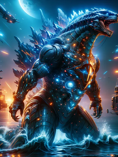 godzilla , ocean，the backdrop is a futuristic city, science fiction style, blue and violet, bright, sky background at night，ther...