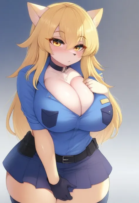 (masterpiece, best quality:1.2), police woman in skirt police uniforms, covered chest completely, blonde, giga_busty