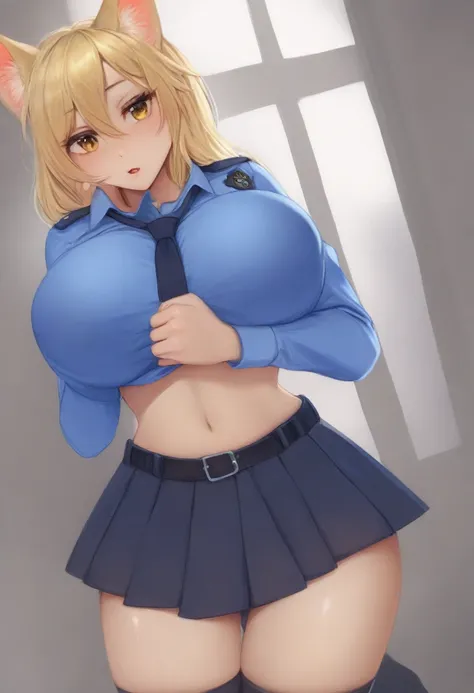 (masterpiece, best quality:1.2), police woman in detailed (skirt police uniforms), covered chest completely, blonde,