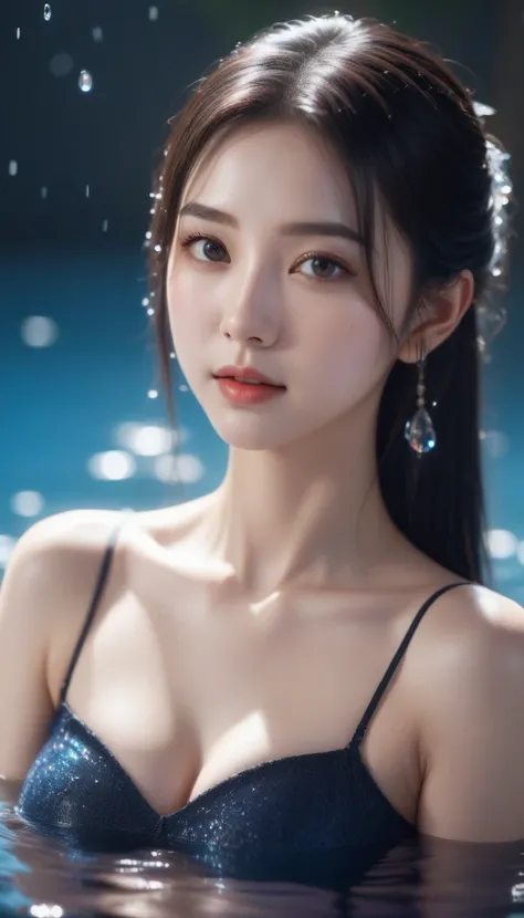 watery eyes，Love pupils，[shy]，long hair，masterpiece，best picture quality，ultra high resolution，higher quality，beautiful girl，woman，heart shaped hair accessories，8K resolution，hot girl，student，Contact lenses，blush，spaghetti straps，dusk，oasis（（Waterfall figu...