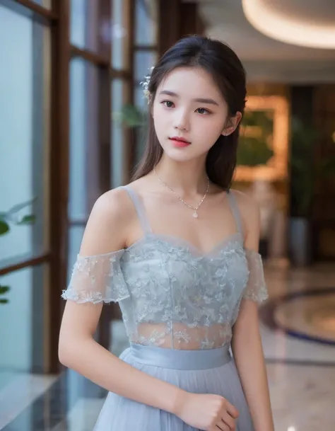 16 year old girl, (extremely detailed face, Delicate skin), whole body,elegant girl, Lobby, transparent top, transparent skirt