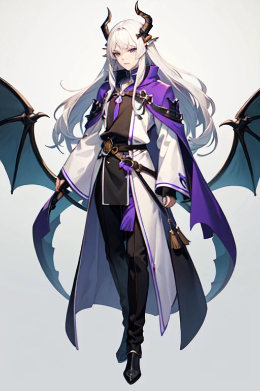 ((best quality)), ((mastanime character dressed in black and purple with white hair and horns, anime character; (((full body art))), Anime full body illustration, White-haired Nuegami, beautiful male nue, Handsome man with dragon slayer art, ((wearing a no...