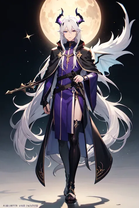 ((best quality)), ((mastanime character dressed in black and purple with white hair and horns, anime character; (((full body art))), Anime full body illustration, White-haired Nuegami, beautiful male nue, Handsome man with dragon slayer art, ((wearing a no...