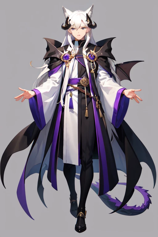 ((best quality)), ((mastanime character dressed in black and purple with white hair and horns, anime character; (((full body art))), Anime full body illustration, White-haired Nuegami, beautiful male nue, Handsome man with dragon slayer art, ((wearing a no...