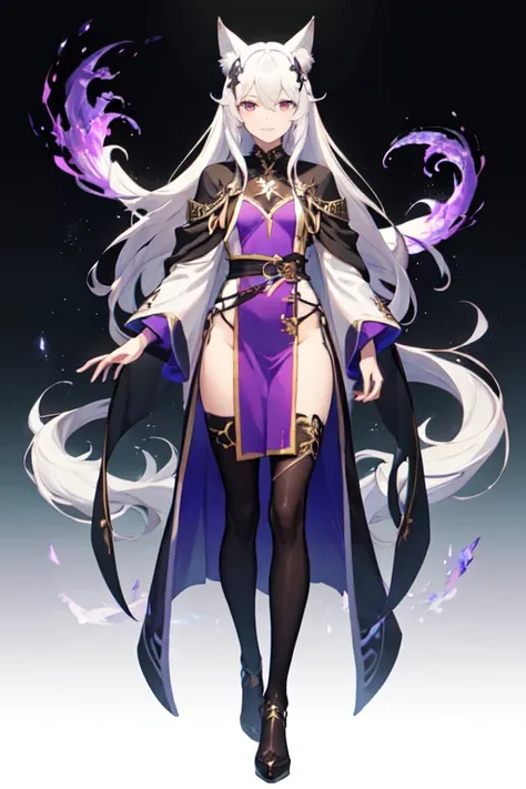 ((best quality)), ((mastanime character dressed in black and purple with white hair and horns, anime character; (((full body art))), Anime full body illustration, White-haired Nuegami, beautiful male nue, Handsome man with dragon slayer art, ((wearing a no...