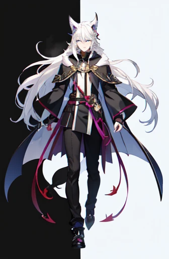 ((best quality)), ((mastanime character dressed in black and purple with white hair and horns, anime character; (((full body art))), Anime full body illustration, White-haired Nuegami, beautiful male nue, Handsome man with dragon slayer art, ((wearing a no...