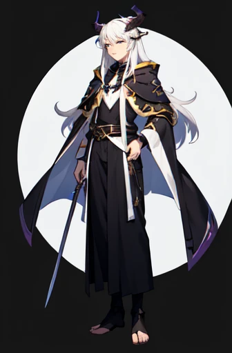 ((best quality)), ((mastanime character dressed in black and purple with white hair and horns, anime character; (((full body art))), Anime full body illustration, White-haired Nuegami, beautiful male nue, Handsome man with dragon slayer art, ((wearing a no...