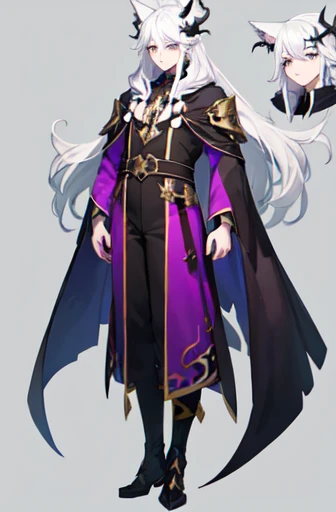 ((best quality)), ((mastanime character dressed in black and purple with white hair and horns, anime character; (((full body art))), Anime full body illustration, White-haired Nuegami, beautiful male nue, Handsome man with dragon slayer art, ((wearing a no...