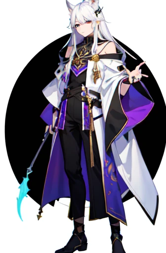 ((best quality)), ((mastanime character dressed in black and purple with white hair and horns, anime character; (((full body art))), Anime full body illustration, White-haired Nuegami, beautiful male nue, Handsome man with dragon slayer art, ((wearing a no...