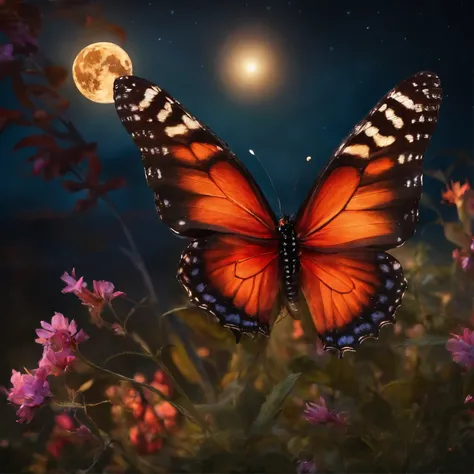 Fiery fantasy butterflies on flowers at night in a clearing under the moon