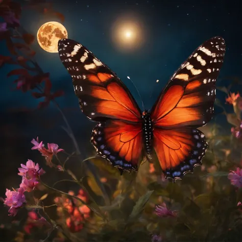 Fiery fantasy butterflies on flowers at night in a clearing under the moon