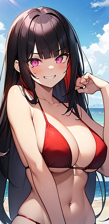 Realistic、1girl、(black hair red hair gradient hair:1.3)、(long hair),(purple eyes)、(glowing eyes:1.3)、open stance,(middle hair),(face focus:1.3,upper body),(enamel red bikini:1.3)、(grin1.3),(cute face:1.5),(tareme:1.3),(large breasts),(midsummer beach)
