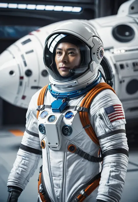 Daring astronaut, space suit and helmet, standing in front of futuristic spaceship, adventurous, detailed, high detail, portrait