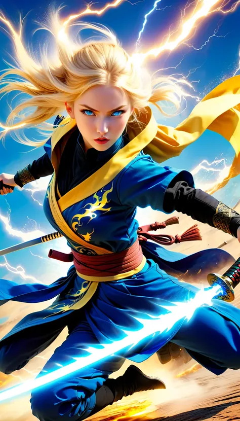 female ninja、fighting with a japanese sword、blue eyes、blonde、beautiful woman、、hakama is flashy、a yellow lightning-like slash、blu...