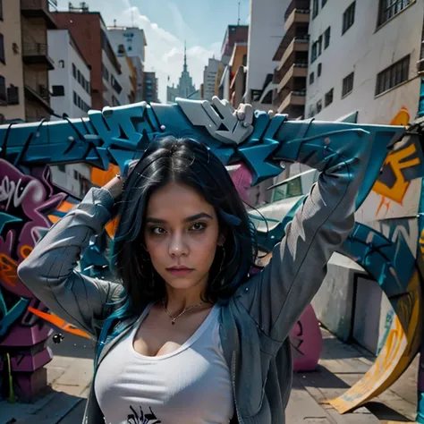 Cambiar fondo urban style, skate, Graffiti, mujer hermosa, cara realista (Krisslove), cuerpo completo, falda corta, blusa desabotonada, 8K, de fondo un (Graffiti 3D) dibujado en la pared con la palabra, text: "JAHZ" , (Graffiti 3D2) cara realista (Krisslov...